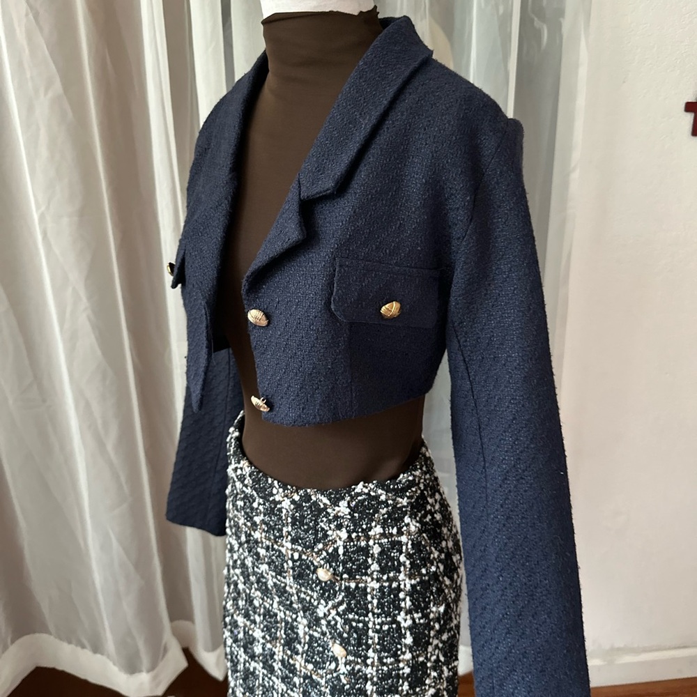 Navy Blue Tweed Cropped Jacket & Pleated mini Skirt Set 🖤